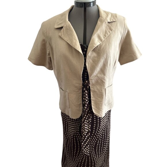 Dress Barn Brown & Beige Polka Dot Maxi Dress With Tan Linen Blend Blazer Sz 8 - Picture 4 of 16